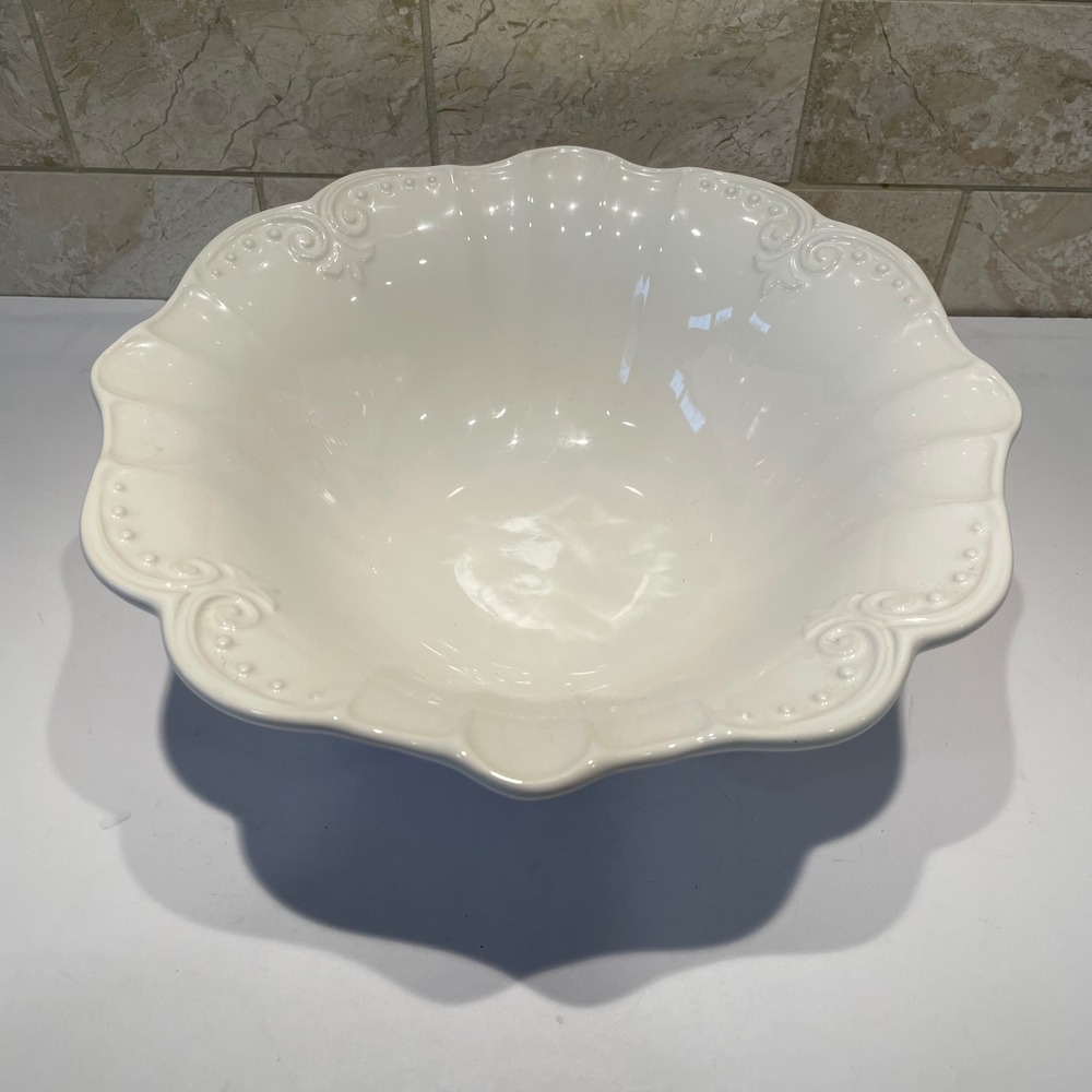 Ceriart Portugal Cream White Scalloped Ceramic Serving Bowl Scroll Beaded 11.5in